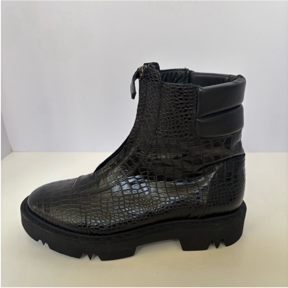 Aquatalia Combat Weatherproof Boots Moto Croc Embossed Leather Black Size 10.5 - Picture 12 of 16